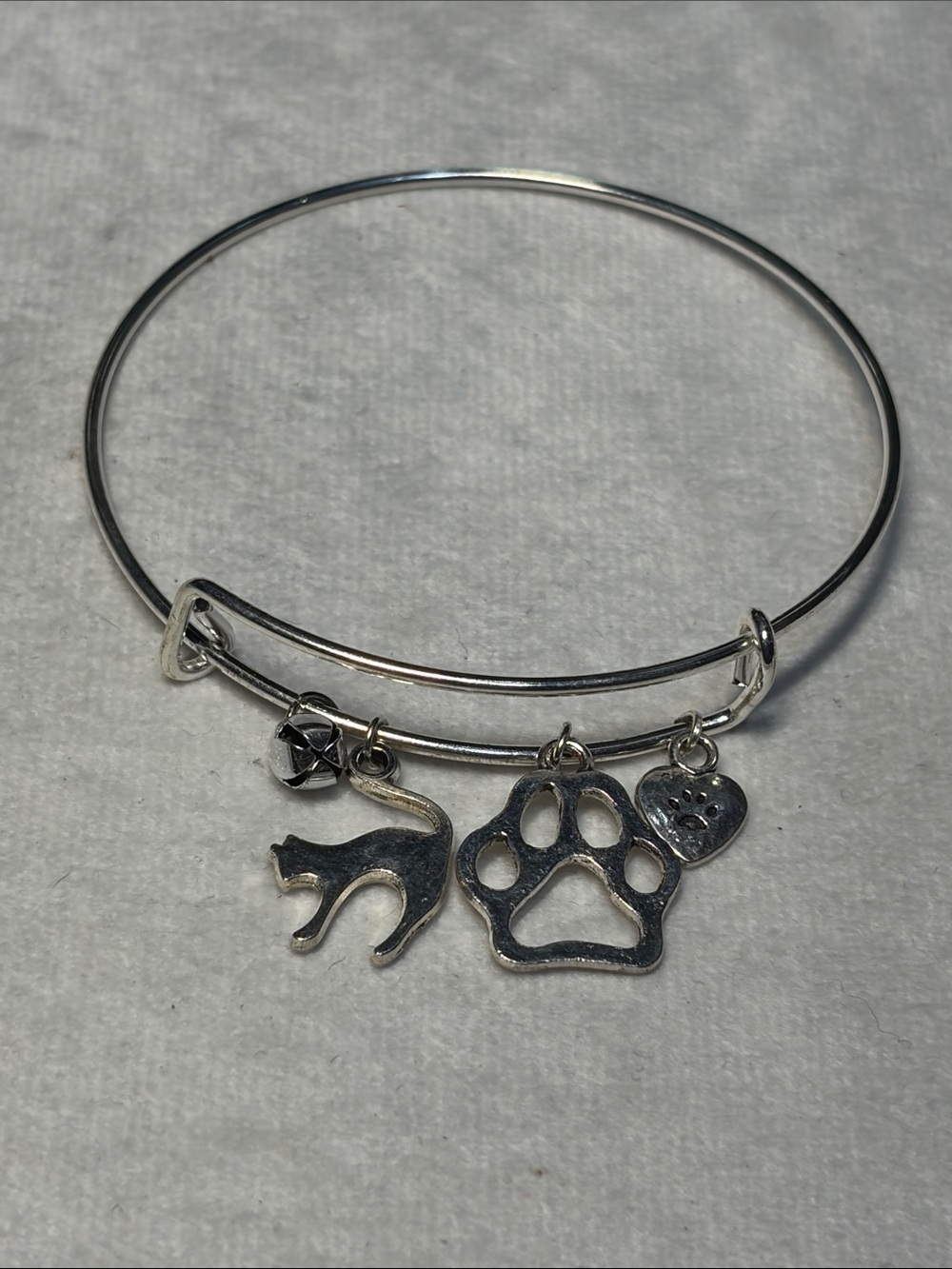 Cattitude Silver Cat Charm Adjustable Bangle Bracelet